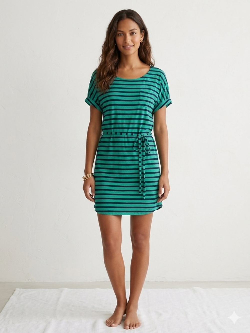 Splendid Striped Mini Dress Pima Cotton & Modal Green Navy Small